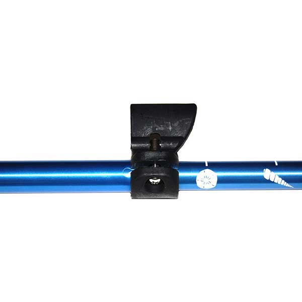 Blue metal rod with a black clip on a white background