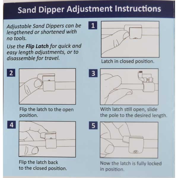 Instructions for adjusting sand dippers with step-by-step illustrations on a blue background.