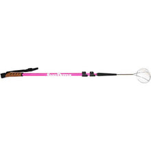 Pink and black sand dipper shell tool with a wire hoop on a white background