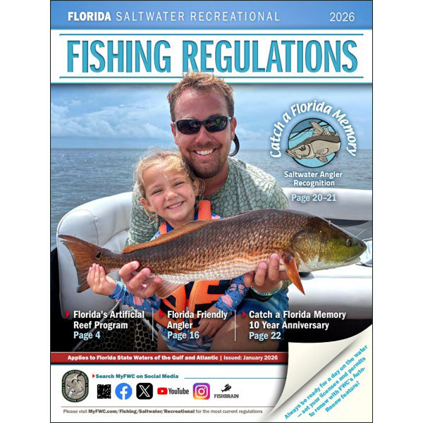 Cover of Florida Saltwater Recreational Fishing Regulations book with a man and child holding a fish.