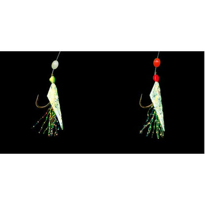 Two fishing lures with colorful tails on a black background