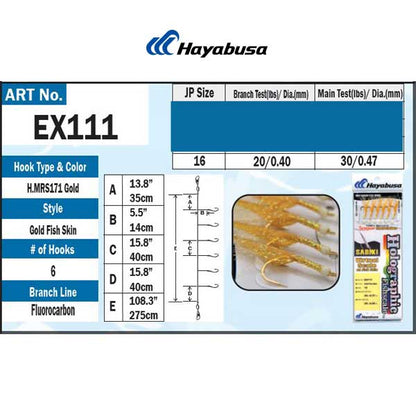 Hayabusa EX111 fishing hook product sheet with specifications and images.