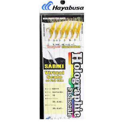 Hayabusa Sabiki fishing lure package with gold fish skin design on a white background