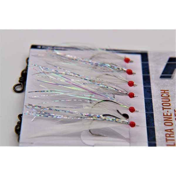 Fishing lures with red beads on a white background