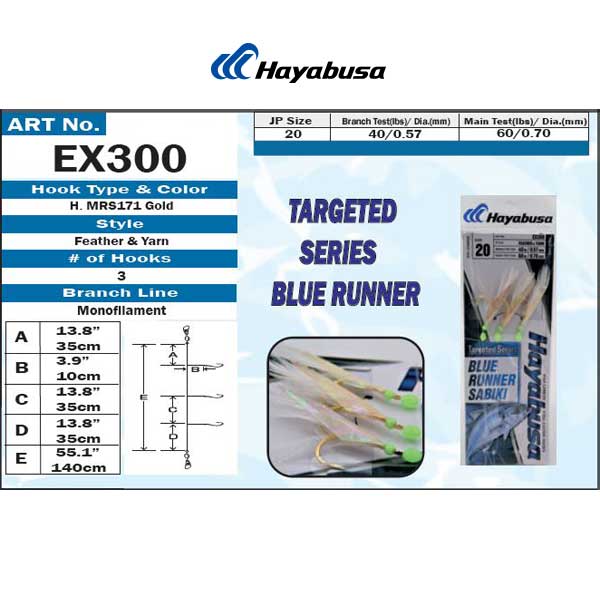 Hayabusa EX300 fishing hook product label with specifications and images.