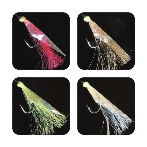 Four different types of fishing lures on a black background