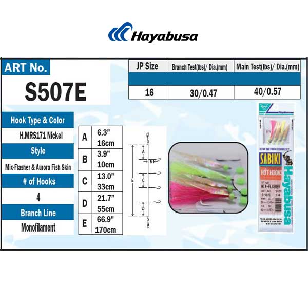 Hayabusa fishing product label with specifications and images of hooks and lines.