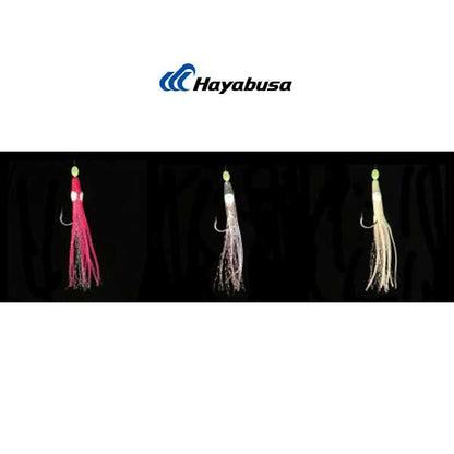 Three fishing lures on a black background with Hayabusa logo above.