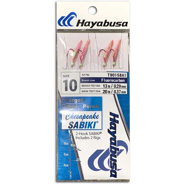 Hayabusa fishing rig packaging with pink and green hooks on a white background
