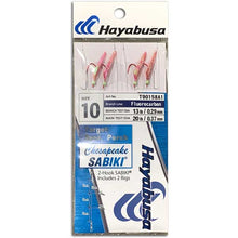 Hayabusa fishing rig packaging with pink and green hooks on a white background