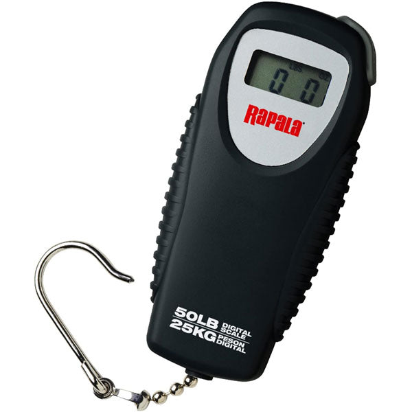 Digital fishing scale with hook on a white background