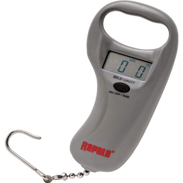 Digital fishing scale with a hanging hook on a white background