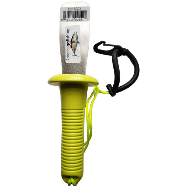 Yellow boat hull scraper tool with black handle and attached rope on a white background