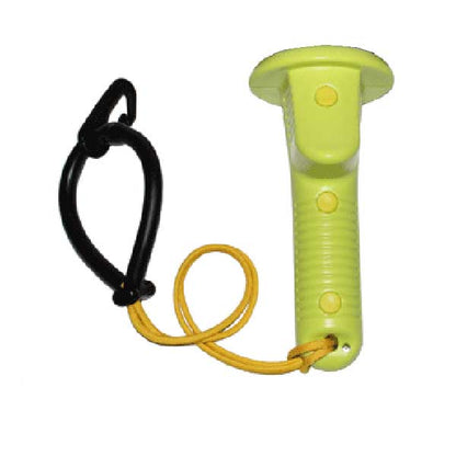 Yellow handle with black handle clip and yellow cord on a white background