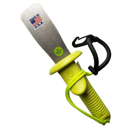 Scraper blade with a yellow handle and gray blade on a white background, featuring 'Made in U.S.A.' text.