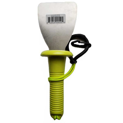 Yellow handle scraper tool with a stainless steel head on a white background
