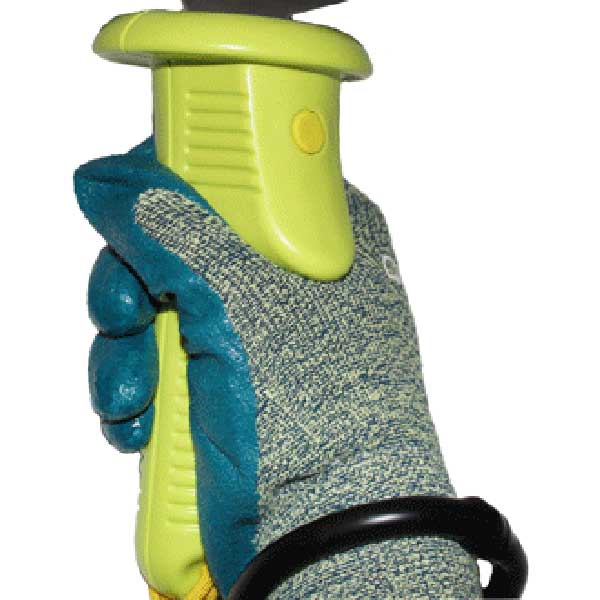 Gloves with a yellow tool on a white background