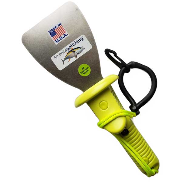 Boat hull scraper with yellow handle and gray blade on a white background