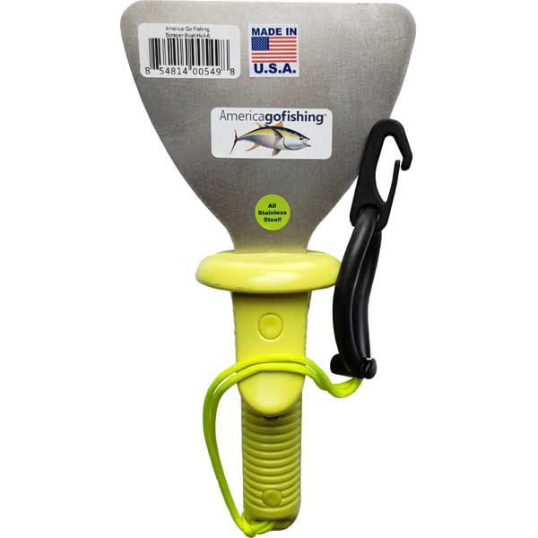 Boat hull scraping tool with a yellow handle and gray head, branded 'America Go Fishing', on a white background.