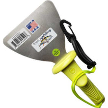 Boat hull scraper tool with 6" stainless steel blade, yellow handle, and black carabiner on a white background