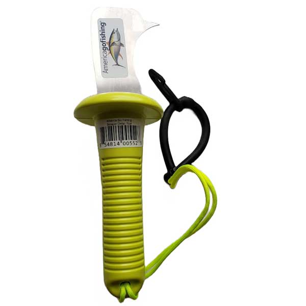 Curved boat hull cleaning tool with yellow handle and label on a white background