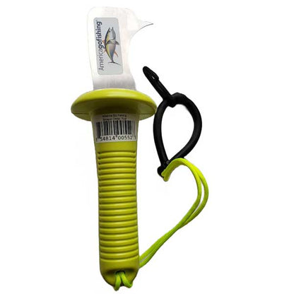 Curved boat hull cleaning tool with yellow handle and label on a white background