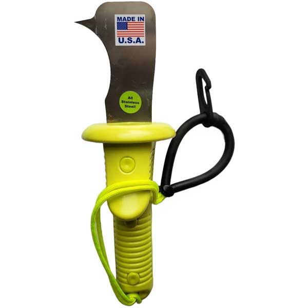 Yellow handle curved tool with black handle and 'Made in U.S.A.' label on a white background