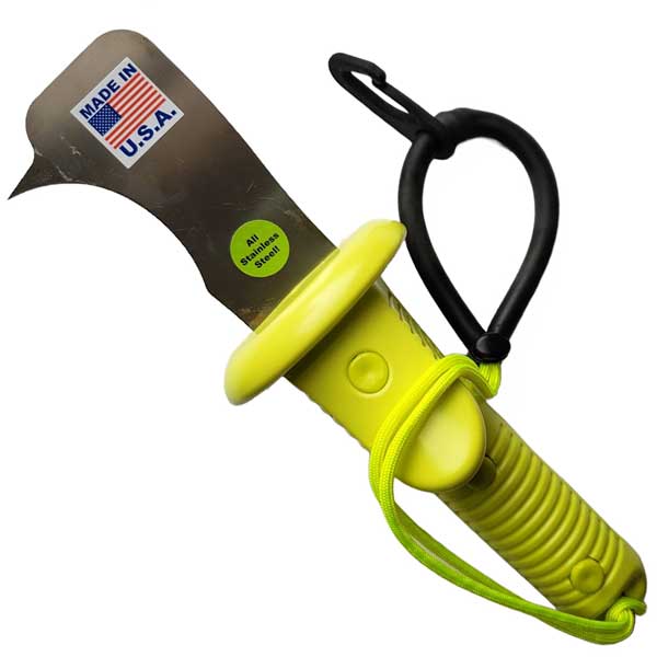 Pointed blade with yellow handle and black carabiner on a white background