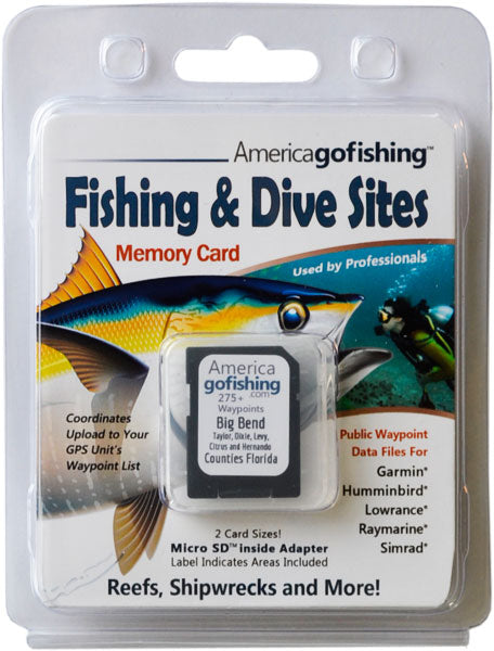 America Gofishing Fishing & Dive Sites Memory Card packaging with fish illustration and text.
