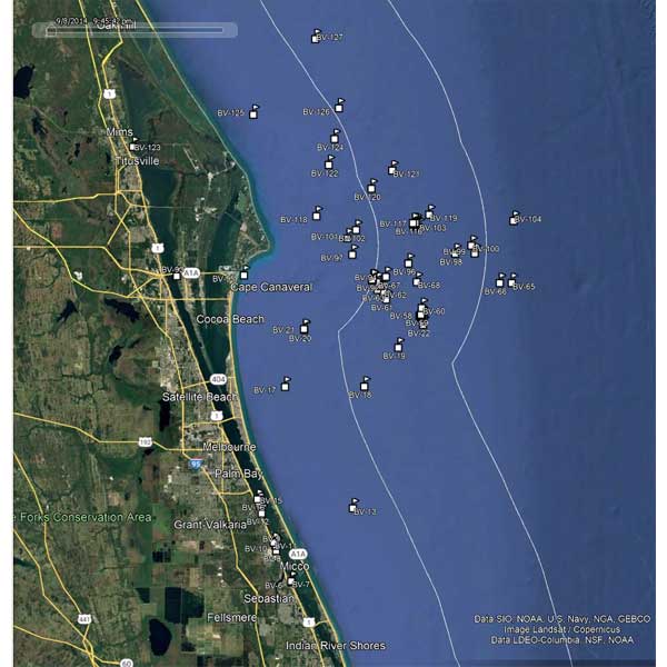 Map of a coastal area with various locations marked on it.