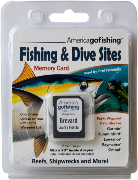 America Gofishing Fishing & Dive Sites Memory Card packaging with fish illustration and text.