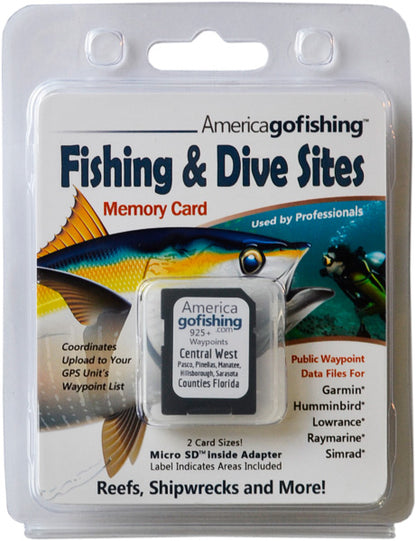 America Gofishing Fishing & Dive Sites Memory Card packaging with fish illustration