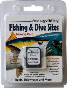 America Gofishing Fishing & Dive Sites Memory Card packaging with fish illustration