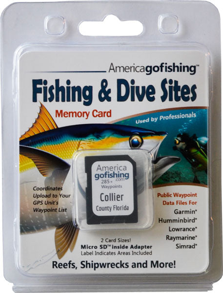 America Gofishing Fishing & Dive Sites Memory Card packaging with fish illustration