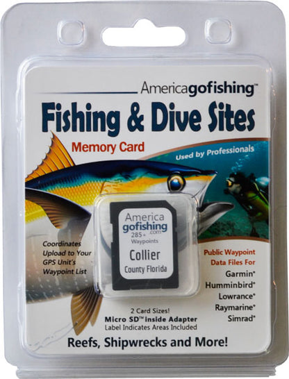 America Gofishing Fishing & Dive Sites Memory Card packaging with fish illustration