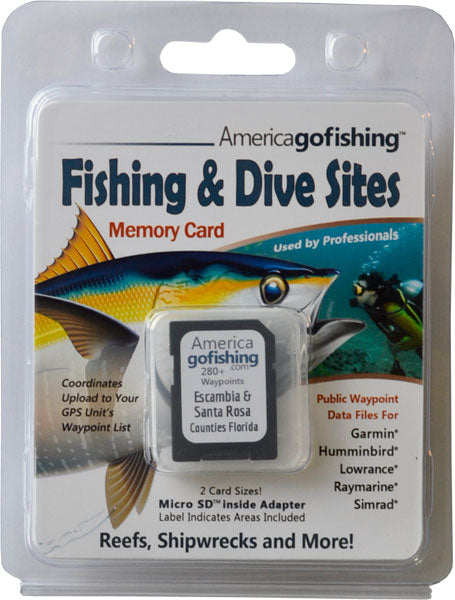America Gofishing Fishing & Dive Sites Memory Card packaging with fish illustration