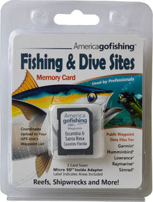 America Gofishing Fishing & Dive Sites Memory Card packaging with fish illustration