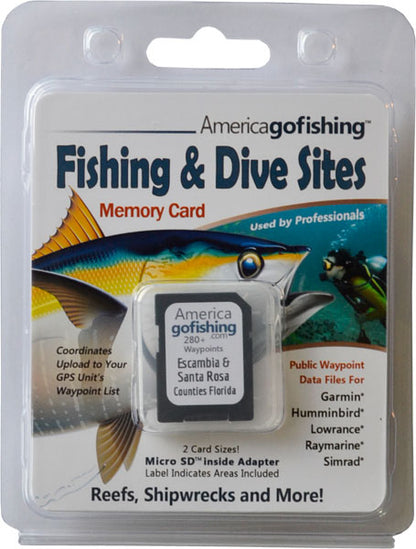 America Gofishing Fishing & Dive Sites Memory Card packaging with fish illustration