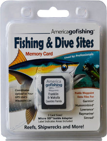 America Gofishing Fishing & Dive Sites Memory Card packaging with fish illustration and product details.