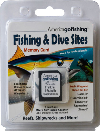 America Gofishing Fishing & Dive Sites Memory Card packaging with fish illustration and product details.