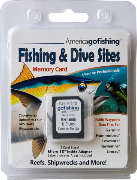 America Gofishing Fishing & Dive Sites Memory Card packaging with fish illustration and product details.