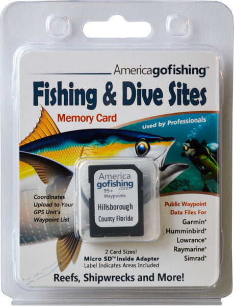 America Gofishing Fishing & Dive Sites Memory Card packaging with fish illustration