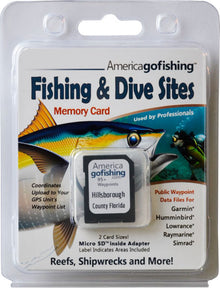 America Gofishing Fishing & Dive Sites Memory Card packaging with fish illustration