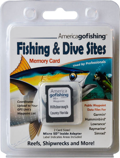 America Gofishing Fishing & Dive Sites Memory Card packaging with fish illustration