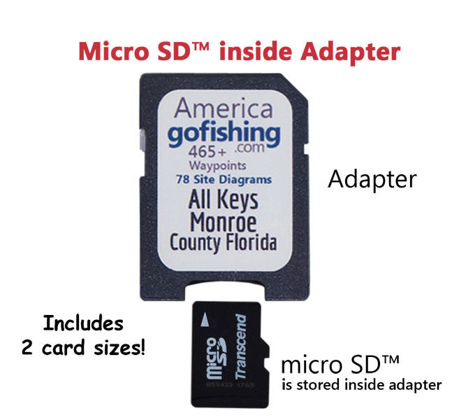 Micro SD card inside adapter with 'America Gofishing' label on a white background