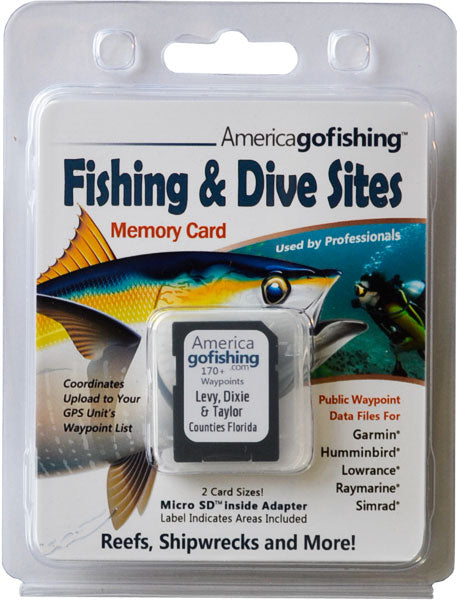 America Gofishing Fishing & Dive Sites Memory Card packaging with fish illustration