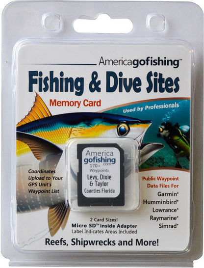 America Gofishing Fishing & Dive Sites Memory Card packaging with fish illustration