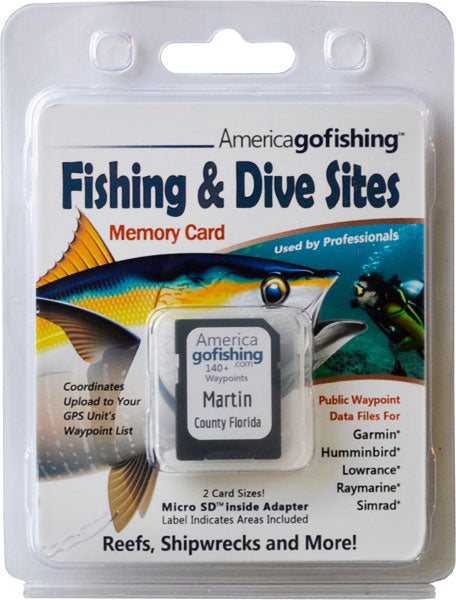 America Gofishing Fishing & Dive Sites Memory Card packaging with fish illustration