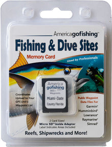America Gofishing Fishing & Dive Sites Memory Card packaging with fish illustration
