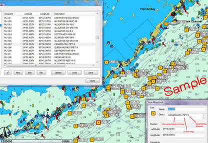 Map with waypoint data on a screen interface, likely from a navigation software.